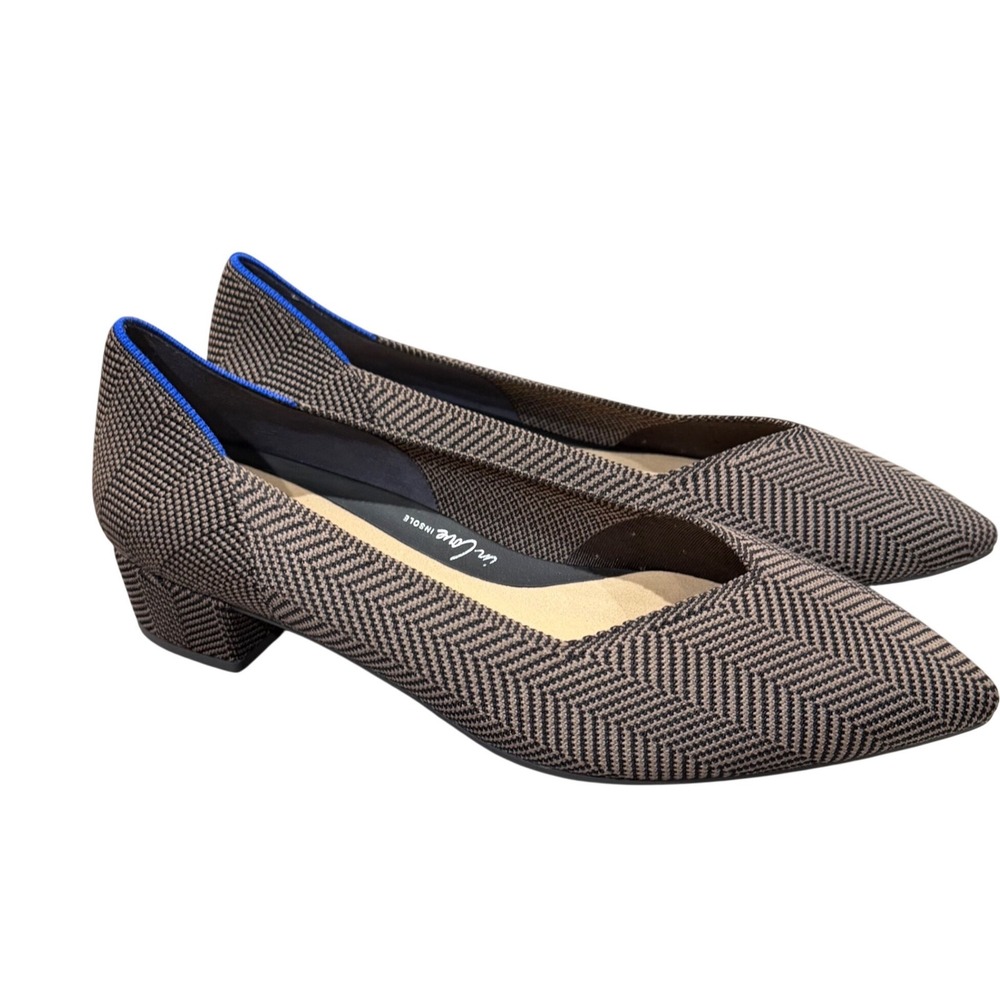 Rothys The Mary Jane Pointed Toe Pump Herringbone Brown Black 11.5 Block Heel